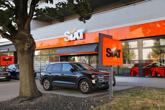 ESSEN, GERMANY - SEPTEMBER 20, 2020: Sixt car rental office in Essen, Germany. Sixt is one of largest car rental companies, present in 110 countries.