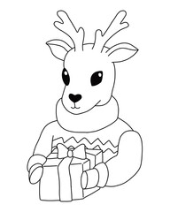 A Christmas deer in a jumper holds a gift box with a bow. Outline on a white background cartoon hand drawn illustration