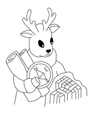 A Christmas deer in a jumper holds two old maps, a compass and a bag of gifts in its paws. Outline on a white background cartoon hand drawn illustration