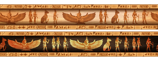 Egypt seamless border set, vector ancient ethnic ornament frame design, goddess silhouette. Old papyrus texture, vintage hieroglyph wall mural illustration, religion calligraphy print. Egypt border - obrazy, fototapety, plakaty