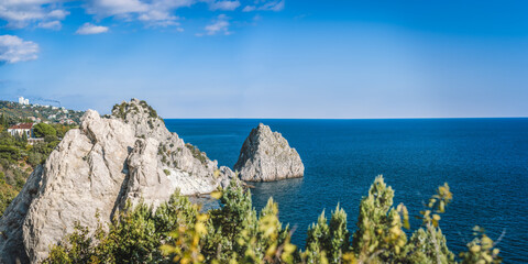 Rock Diva. Beautiful black sea shore landscape with mountain cliff, main nature landmark in Crimean...