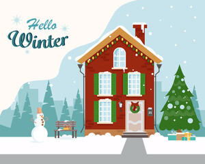 A beautiful house decorated for the holiday with a Christmas tree, a bench, a snowman and gifts. Greeting card. Hello winter. Vector illustration in flat style.