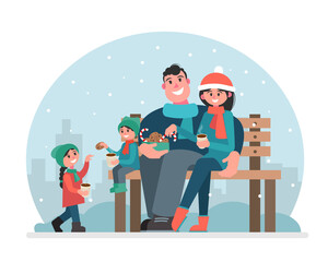 A family in a winter park is drinking hot drinks and eating sweets. Picnic in the winter on the bench. Vector illustration in flat style.