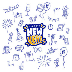 hand drawn doodle art happy new year 2020, editable icons and vectors