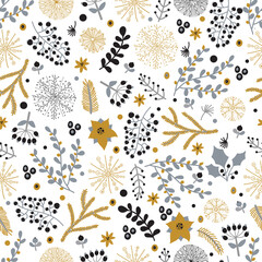 Christmas florals and snowflakes. Seamless pattern with berries, poinsettia flowers, and christmas tree branshes. For wrapping paper, fabric, stationary products decoration.