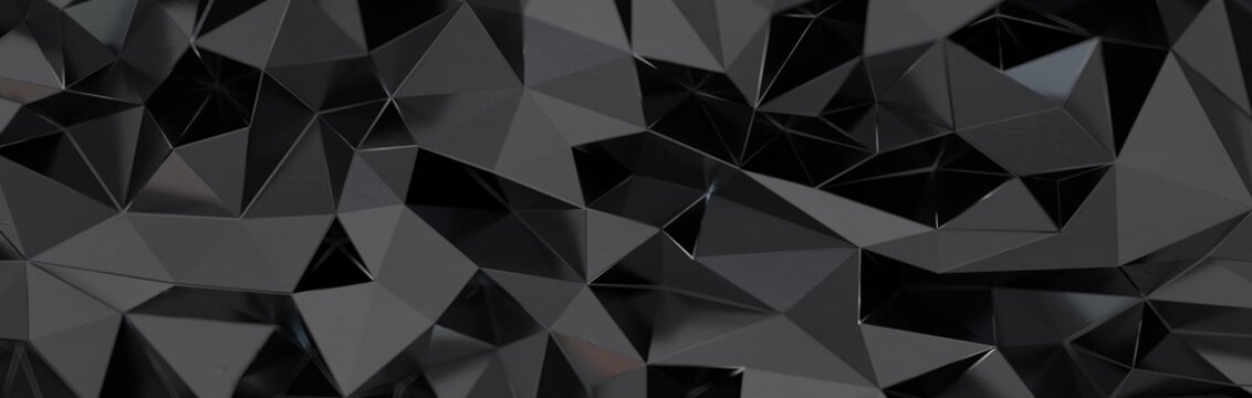 3d render, abstract black crystal background, faceted texture, macro panorama, wide panoramic polygonal wallpaper © vegefox.com