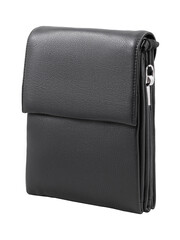 Small black leather document bag isolated on white background.