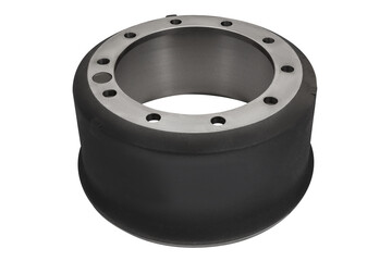 Truck brake drum isolated on white background. Detail of the brake system of a truck.