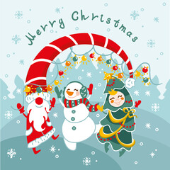 Kids Christmas card, invitation. Christmas party. Invitation.
Santa, snowman, christmas tree. Vector.