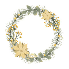 Christmas wreath with winter decorative plants and flowers.