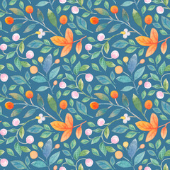 Seamless pattern with abstract watercolor plants. Orange, yellow, pink berries, green leaves, and eggs on a colorful background. Beautiful watercolor illustration for your designs.