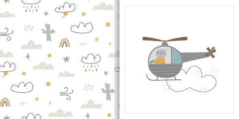  Seamless background and card with a cute cat in a helicopter. Travel and adventure, flying among the clouds.