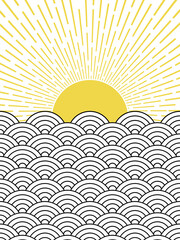 Abstract sunset illustration with black  and white Seigaiha waves and yellow sun decoration on white background