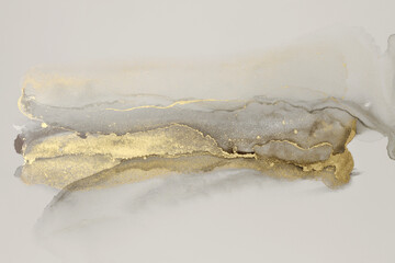 Art Abstract smoke watercolor painting blots horizontal background. Alcohol ink black and gold...