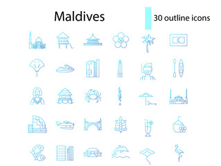 Maldives culture outline icons set. Exotic travel guide. Tropical resort. Water bungalow. Isolated vector illustration