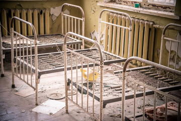 Bedroom in abandoned kindergarten Cherrnobyl zone, Ukraine
