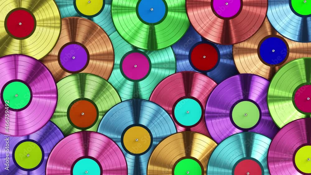 Aufkleber realistic seamless looping 3d animation of the colorful vinyl records with colorful labels rendered 