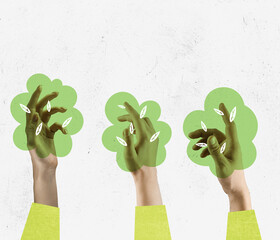 Contemporary art collage, modern design. Summer time mood. Female hands like green trees isolated...
