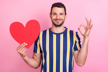 Photo of flirty young brunet guy hold heart show okey wear striped t-shirt isolated on pink color background