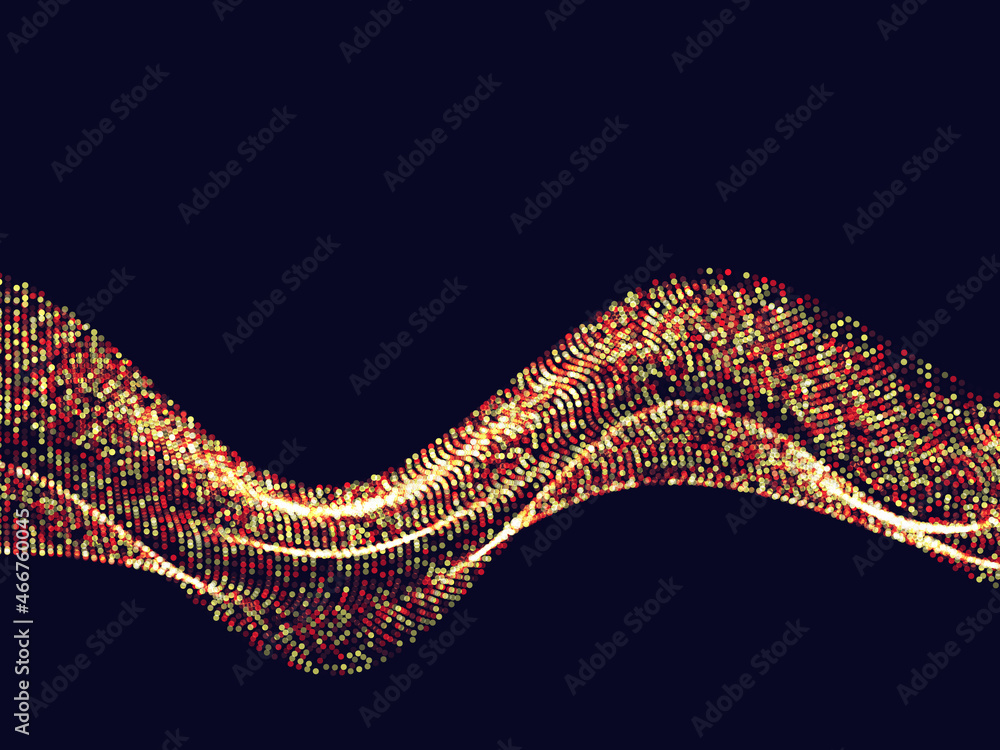 Poster many shiny gold particles, a sound wave flowing in the dark. round shiny dots, smooth shiny wave.vec