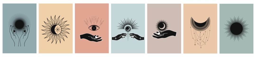 Hand drawn cards of mystical Sun with Moon, eyes and stars in line art. Spiritual symbol celestial space. Magic talisman, antique style, boho, vintage, tattoo, logo. Vector sketch set illustration