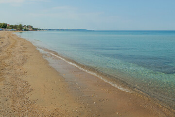 Amazing beauty white sand beach of Greece. Turquoise sea water and blue sky. Beautiful background. Greece.