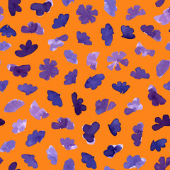 Abstract watercolor leaves seamless repeat pattern. Random placed, vector lilac botany plant parts all over surface print on orange background.