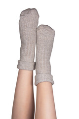 Beige warm high socks on woman legs elegant isolated on the white background