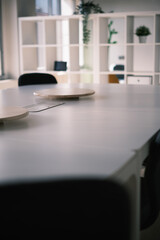 Sala de juntas oficina moderna con mesa blanca y estantería con plantas