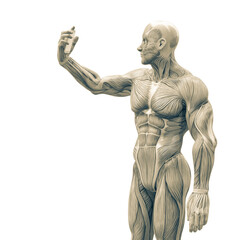 muscleman anatomy heroic body taking a selfie pose two in white background