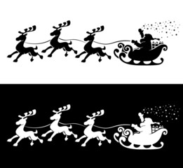 Santa Claus Silhouette in sleigh full of gifts with reindeers.  Merry christmas and Happy new year decoration. Vectop on transparent and dark background