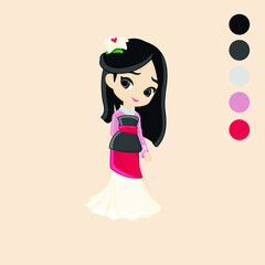 Cartoon illustration of a cute japanese style girl wearing kimono costume