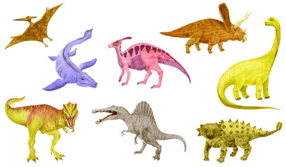 Dinosaurs set isolated on white. Tyrannosaurus, Spinosaurus, Pteranodon, Ankylosaurus, Mosasaurus. Watercolor