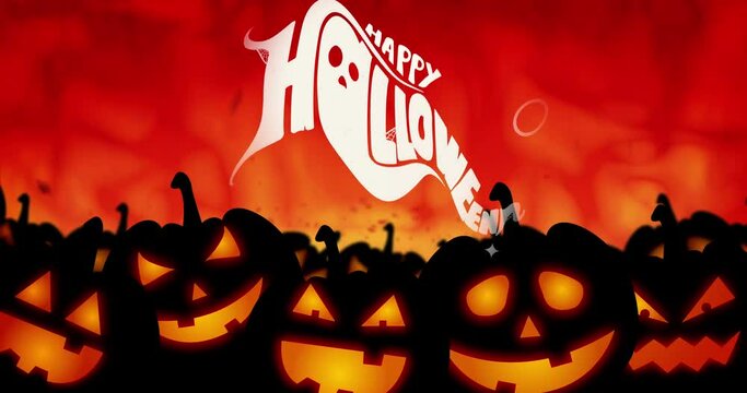 Animation of happy halloween text over pumpkins