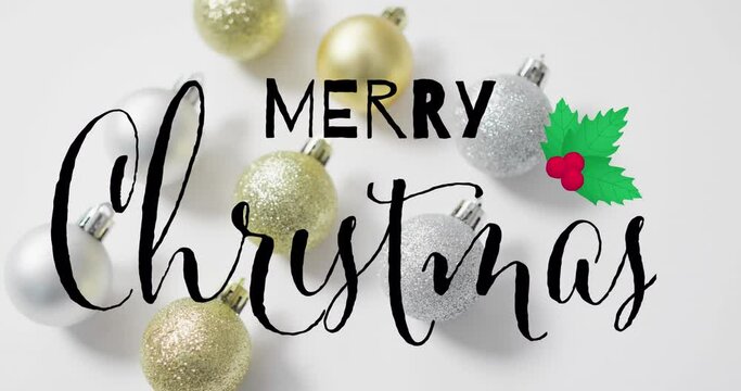 Animation of merry christmas text over christmas decoration
