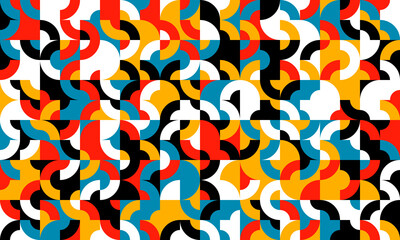 Colorful abstract flat geometric background. Seamless pattern retro Bauhaus style in red, yellow and black color. Decorative modernism design elements.