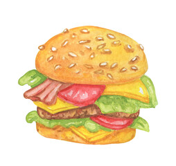Burger watercolor illustration isolated on white background. Hamburger with cheese, beef patty, bacon, green salad and tomato. Fast food.
