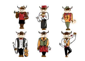 set of bulls characters. 6 funny bulls