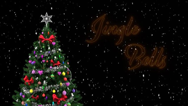 Animation of jingle bells text over snow falling and christmas tree