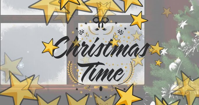 Animation of christmas time text over stars, christmas tree and window