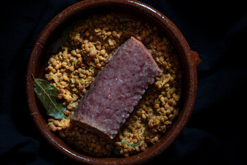 Cotechino with lentils for New Years's dinner Day.