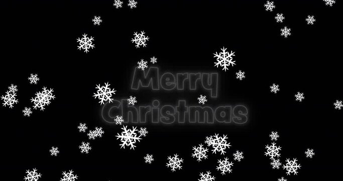 Animation of merry christmas text over snow falling on black background