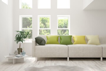 White living room with sofa and summer landscape in window. Scandinavian interior design. 3D illustration