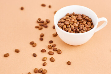 Coffee beans in coffee cup on pastel background. Space fot text