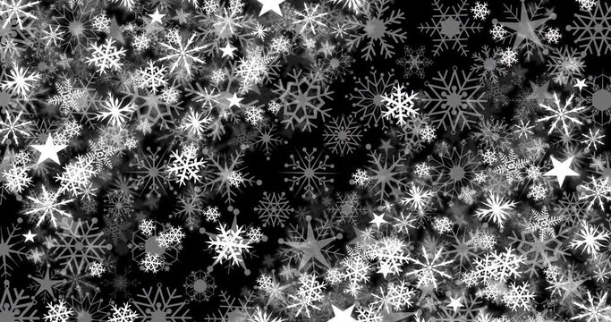 Animation of snow falling on black background at christmas