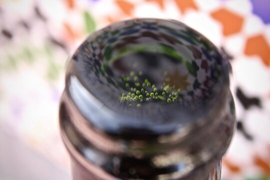 bottle with drops in front of Moroccan zellig