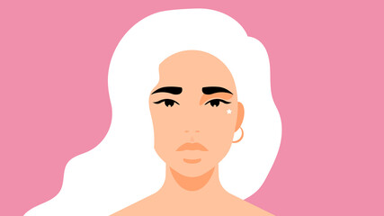 Pretty woman with white fluttering hair. Close-up beautiful face, white skin. Portrait of a girl with long hair. Concept of fairy character, elf. Trendy modern illustration.