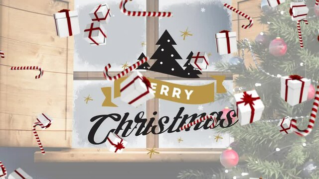 Animation of merry christmas text over presents falling and window