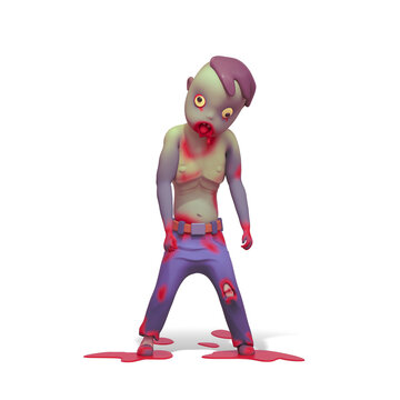 Cartoon zombie guy with green skin, yellow eyes, open mouth stick out tongue, blood stains on his body and floor, wears blue jeans. Funny lurching dead man stands. 3d render isolated on white backdrop