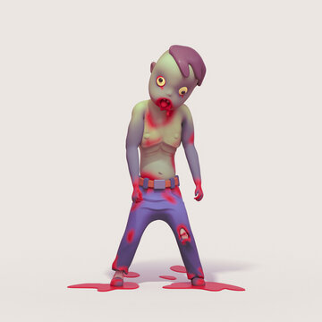 Cartoon zombie guy with green skin, yellow eyes, open mouth stick out tongue, blood stains on his body and floor, wears blue jeans. Funny lurching dead man stands. 3d render on gray backdrop